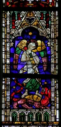 Raam met afbeelding van Sint-Michiel in een baldakijn en sokkel